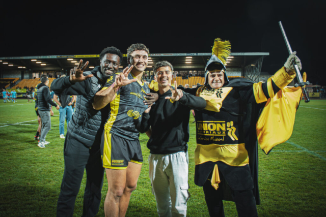 Mamoudou Niang, Clément Egiziano, Kenjy Bayer & La Mascotte - US CARCASSONNE - BOURGOIN 24/25 - Crédit : Arsène Berron